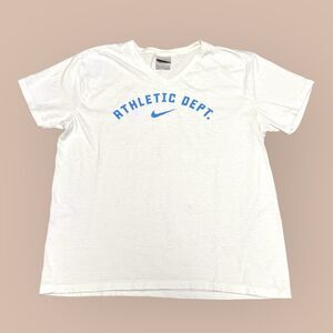 VTG Nike Athletic Dept. Grey Tag Womens Vneck Arch Logo Baby Blue Tee Size XL